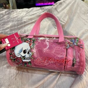 3 pc. Ed Hardy Pink Vinyl Barrel Bag Cosmetic Case with Skull & Roses